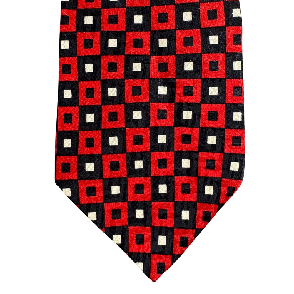 Tom James Mens Silk Tie Red Black Geometric Square Pattern Hand Made USA